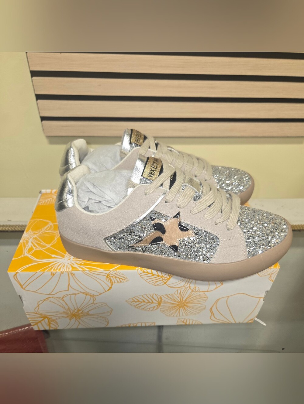 Yellow Box Beige and Silver Glitter W/ Leopard Star Sneakers